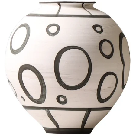 Vintage Round White Vase With Black Patterns