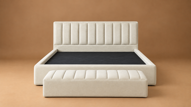 6 by 6 bed with 2 bedsides and storage ottoman