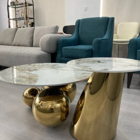 2 in 1 grey marble top center table with gold legs